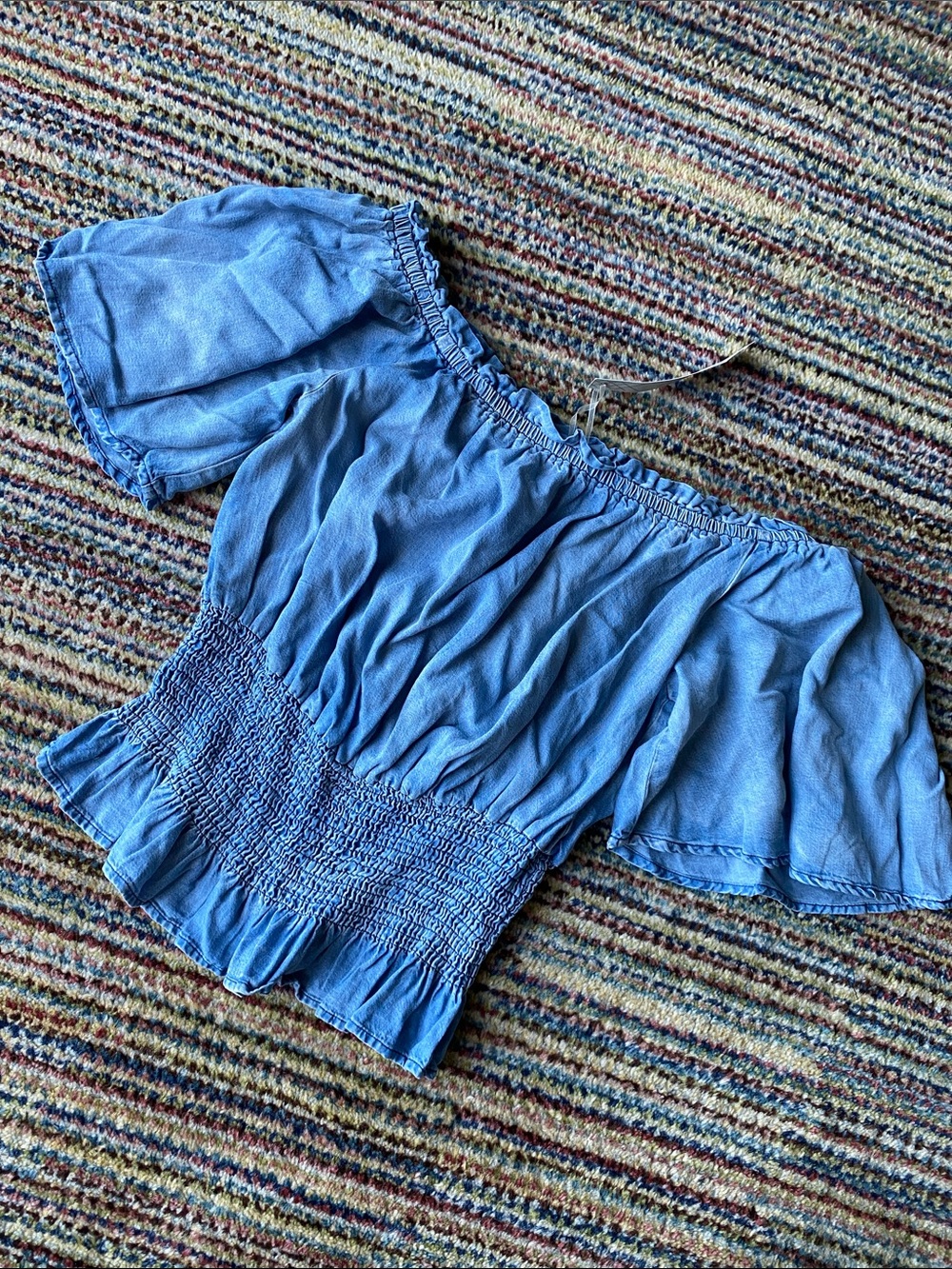 She + Sky Light Blue Off-Shoulder Smocked Crop Top